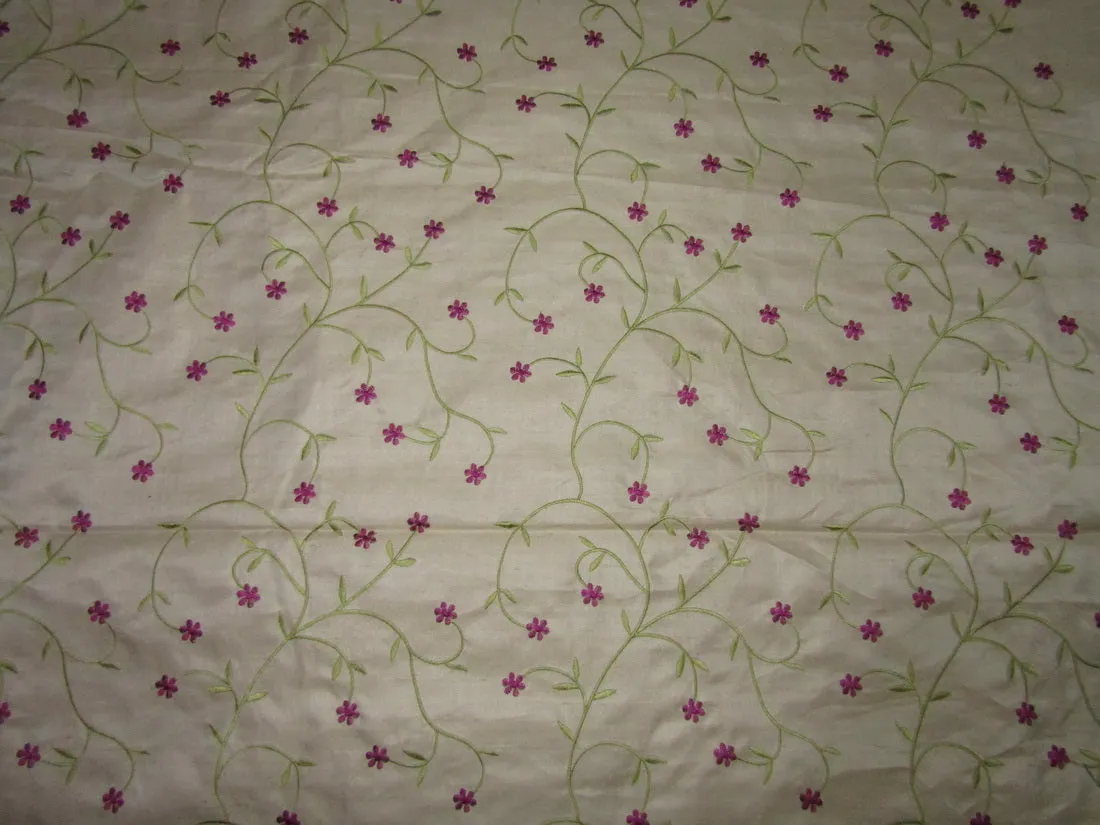 100% SILK SATIN DUPION beige with green and aubergine FLORAL EMBROIDERY 54&quot;DUPE61[2]