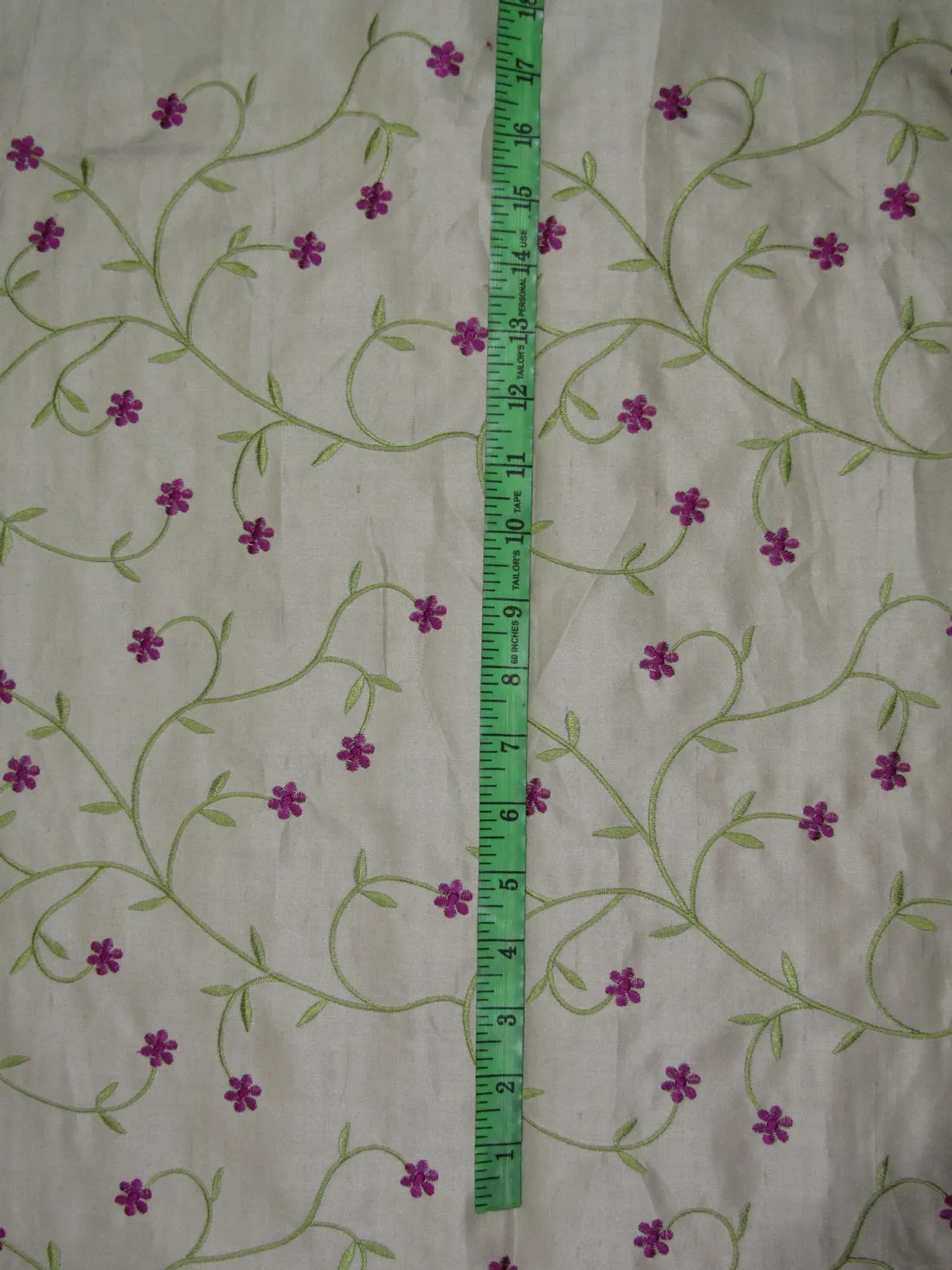 100% SILK SATIN DUPION beige with green and aubergine FLORAL EMBROIDERY 54&quot;DUPE61[2]