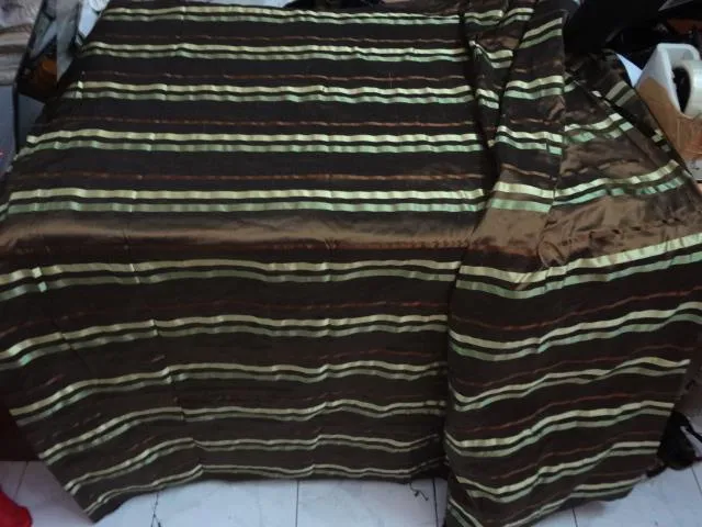 100%SILK DUPIONI FABRIC BROWN X BLACK,GREEN X PISTA COLOR STRIPES 54" wide DUPS55[1]