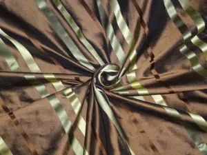 100%SILK DUPIONI FABRIC BROWN X BLACK,GREEN X PISTA COLOR STRIPES 54" wide DUPS55[1]