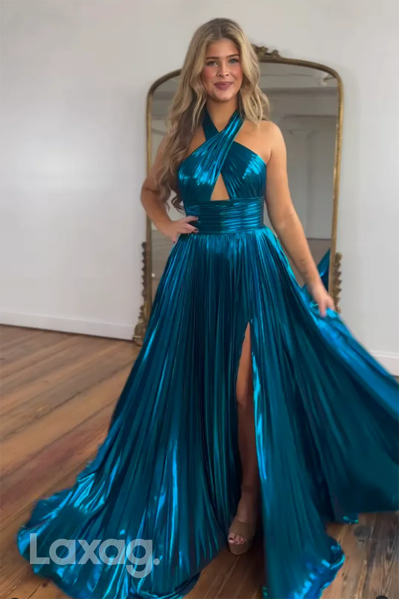 21944 - Chic Halter Ruched Long Blue Formal Prom Dress with Slit