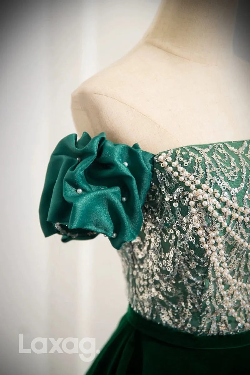 22432 - A-Line Off Shoulder Strapless Pearls Beaded Party Prom Formal Evening Dress