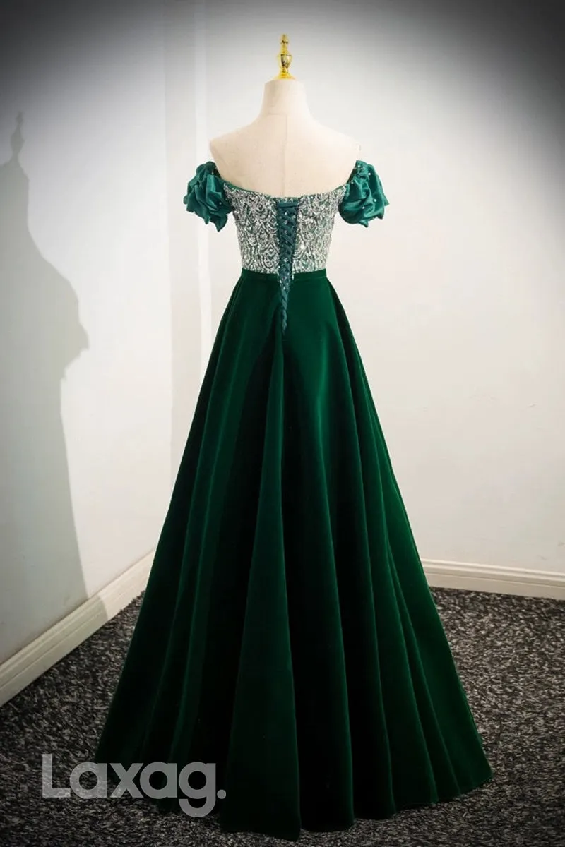 22432 - A-Line Off Shoulder Strapless Pearls Beaded Party Prom Formal Evening Dress