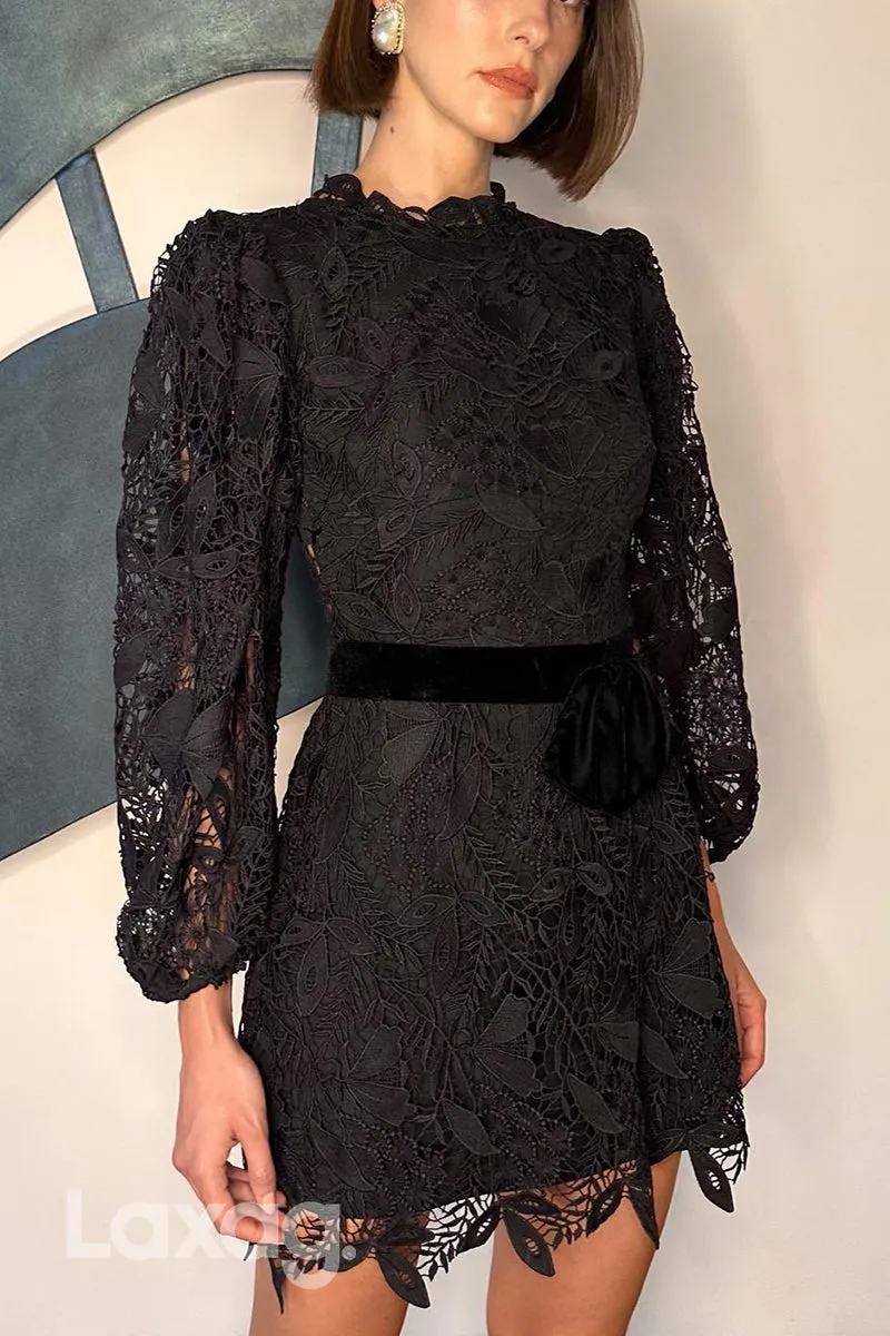 22820 - High Neck Long Sleeves Backless Appliques Party Homecoming Dress