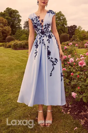 22836 - A-Line Low V-Neck Cap Sleeves Appliques Tulle Mother of the Bride Dress
