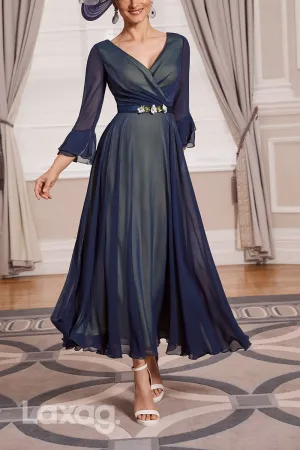 22841 - A-Line V-Neck Long Sleeves Appliques Elegant Mother of the Bride Dress