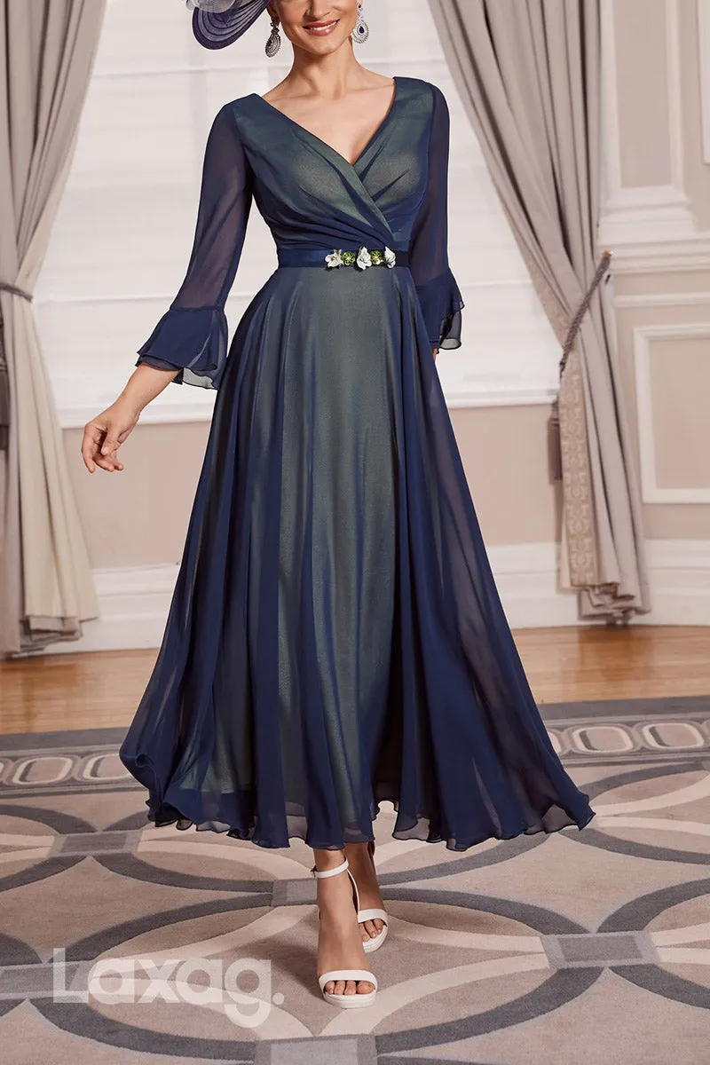 22841 - A-Line V-Neck Long Sleeves Appliques Elegant Mother of the Bride Dress