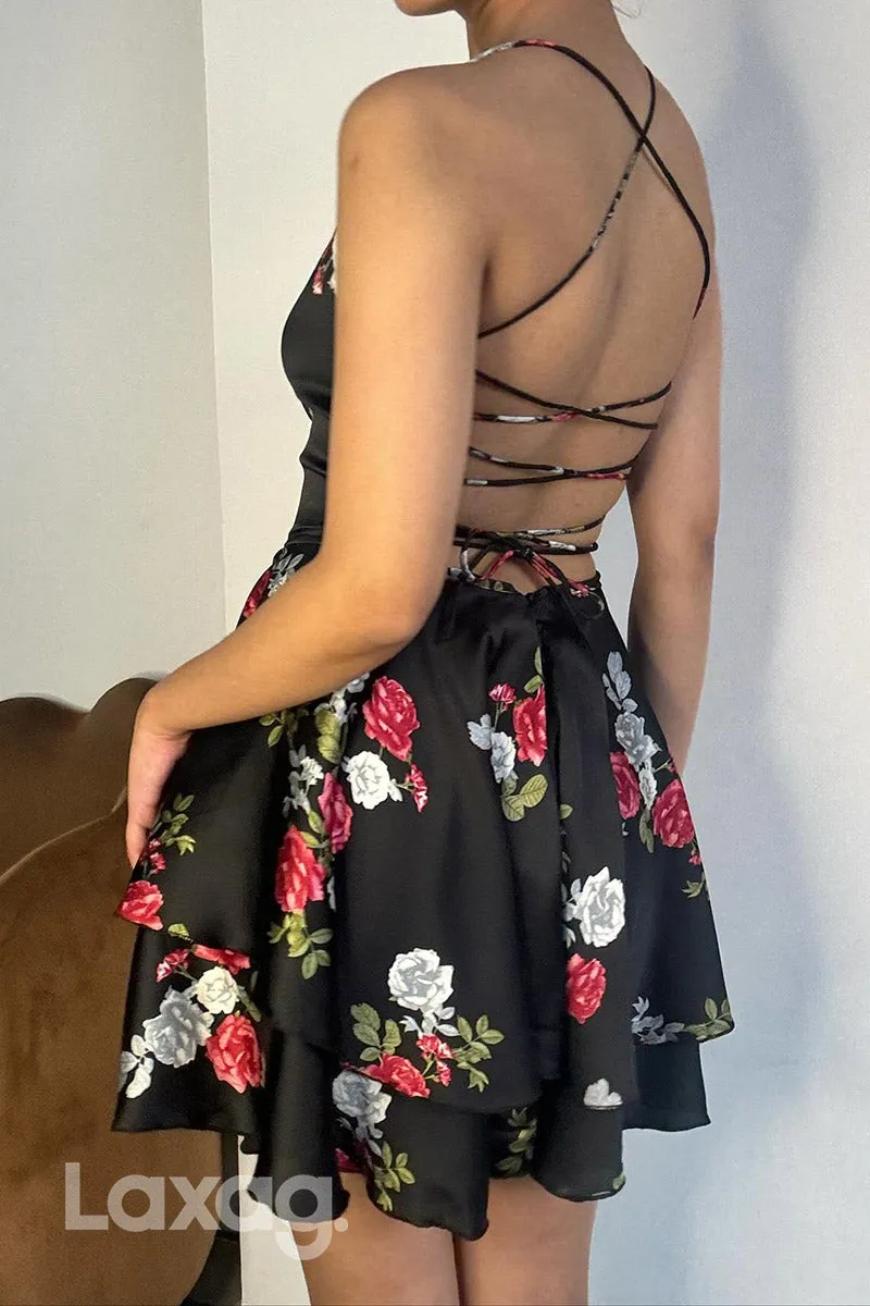 22897 - Sexy A-Line Halter Printed Crisscross Back Party Homecoming Dress