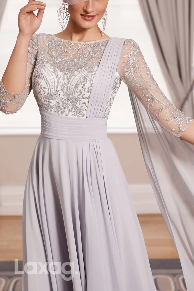 22933 - A-Line Bateau Round Sleeves Appliques Beaded Mother of the Bride Dress