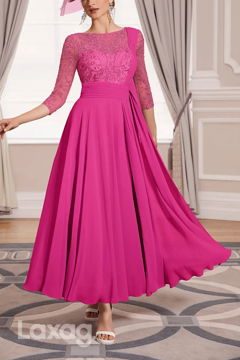 22933 - A-Line Bateau Round Sleeves Appliques Beaded Mother of the Bride Dress