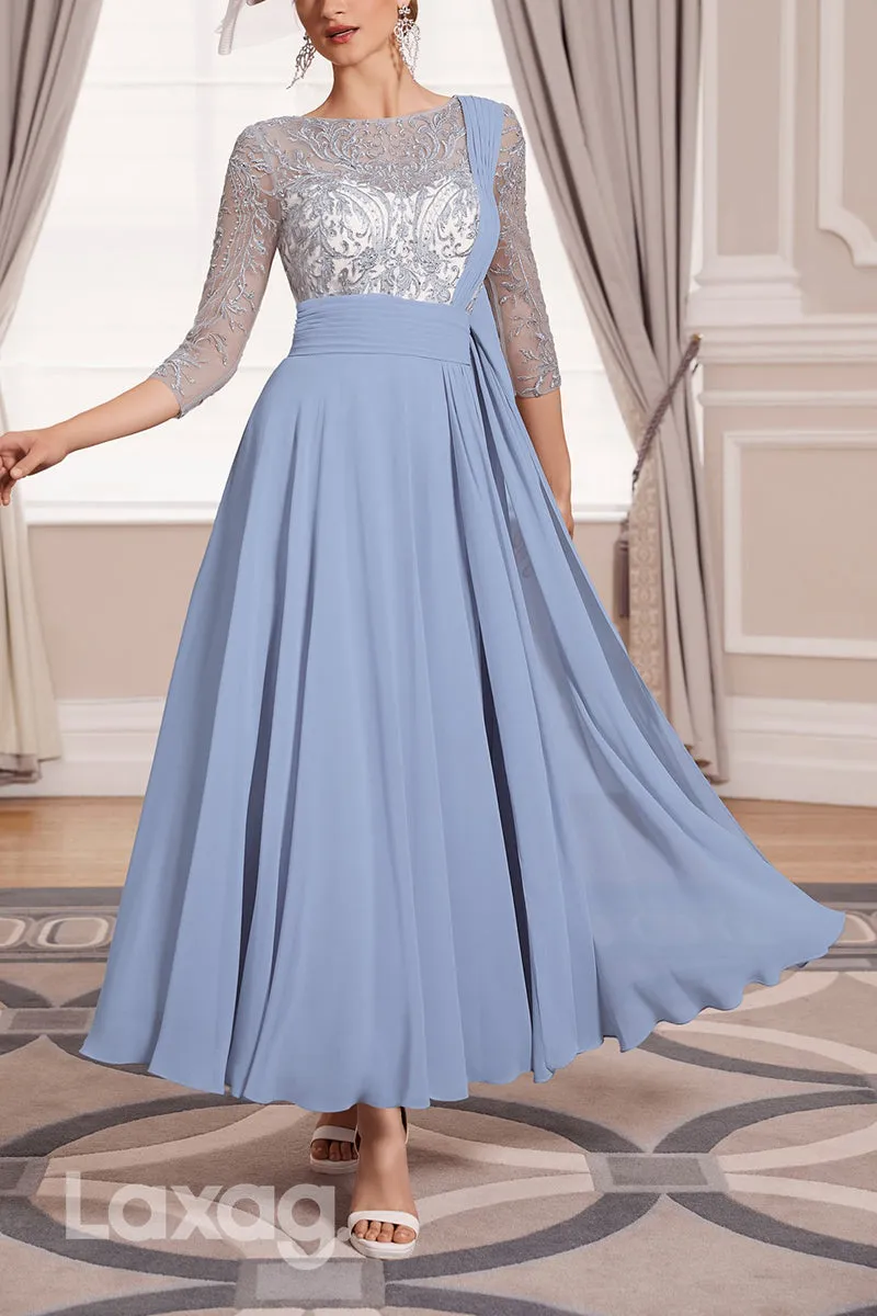 22933 - A-Line Bateau Round Sleeves Appliques Beaded Mother of the Bride Dress