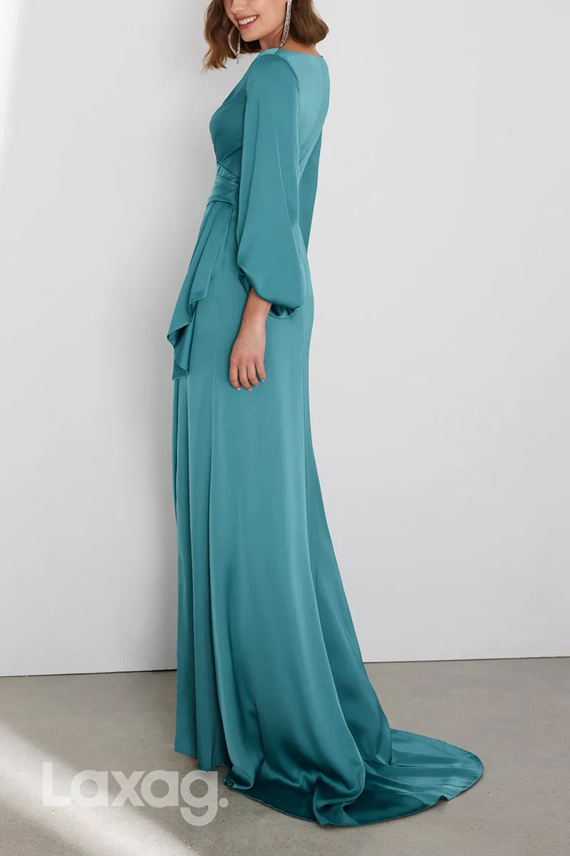 22961 - V-Neck Puff Sleeves Cocktail Party Formal Evening Dress with Slit and Train