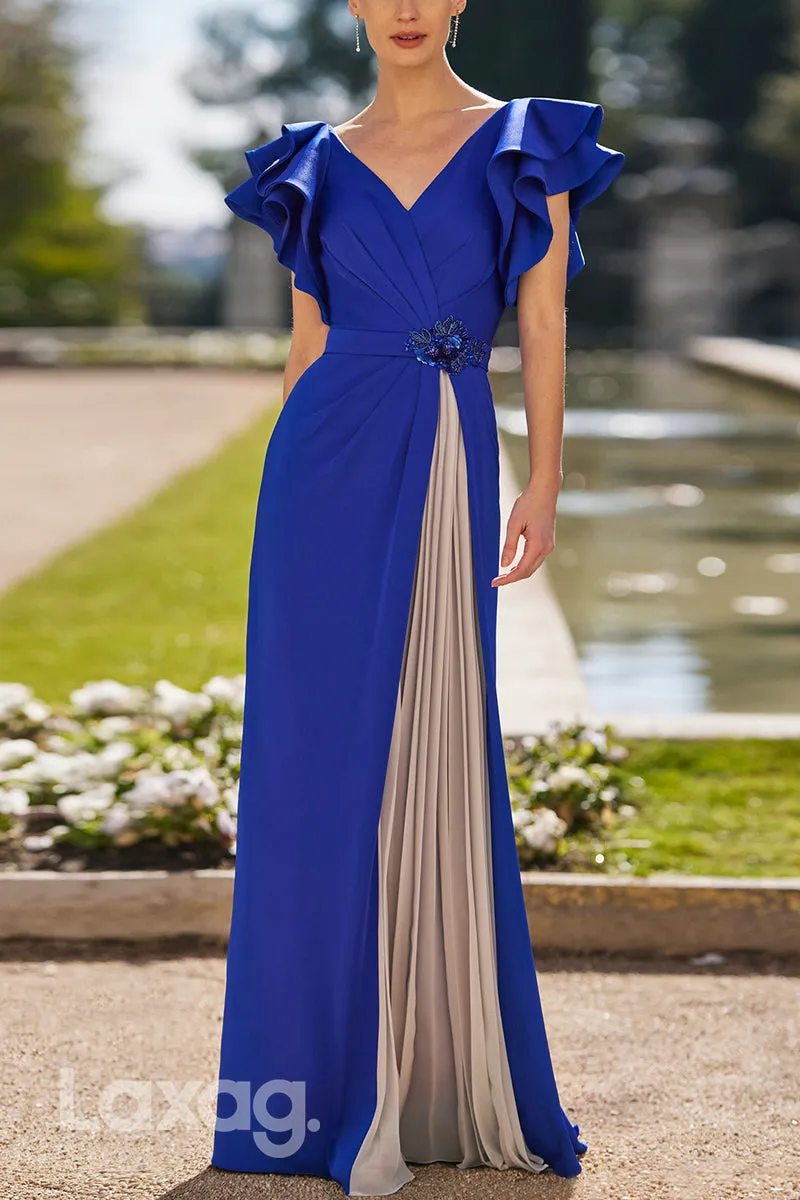 22995 - A-Line V-Neck Short Sleeves Beaeded Paneled Mother of the Bride Dress