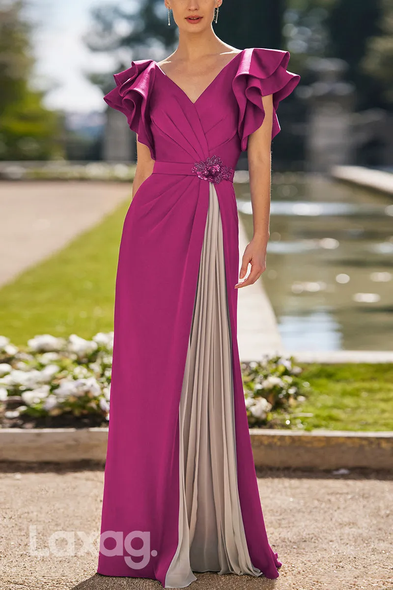 22995 - A-Line V-Neck Short Sleeves Beaeded Paneled Mother of the Bride Dress