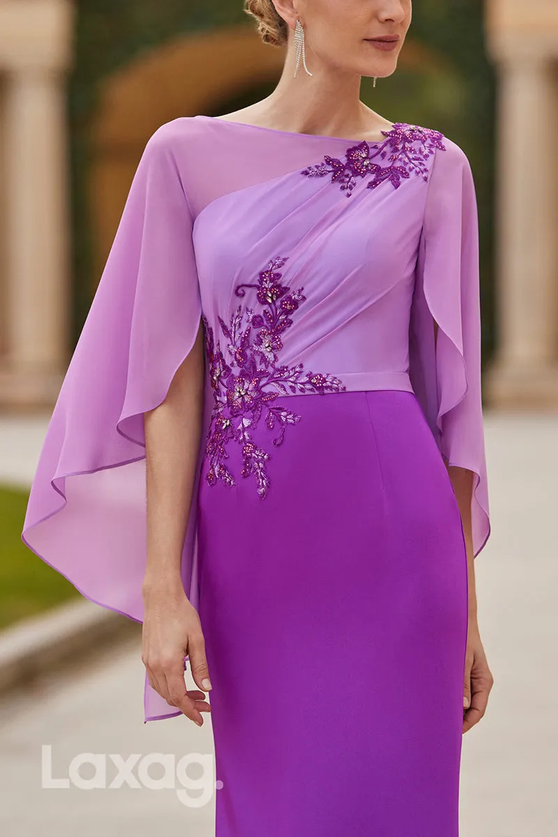 22999 - Bateau Half Sleeves Appliques Beaded Sleek Satin Mother of the Bride Dress