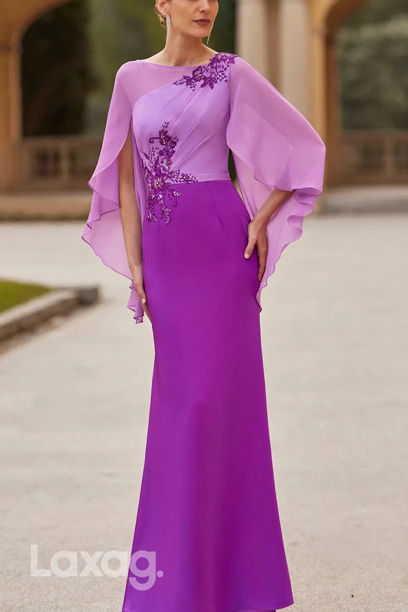 22999 - Bateau Half Sleeves Appliques Beaded Sleek Satin Mother of the Bride Dress