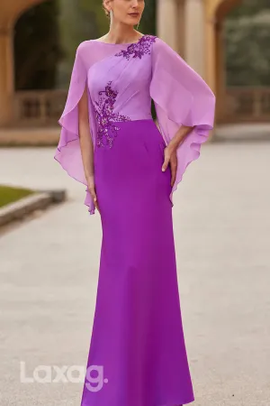 22999 - Bateau Half Sleeves Appliques Beaded Sleek Satin Mother of the Bride Dress