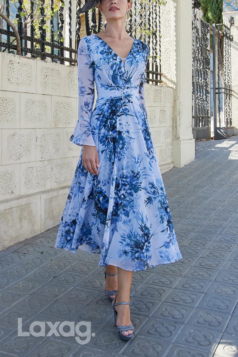 23004 - A-Line V-Neck Long Sleeves Printed Chiffon Mother of the Bride Dress