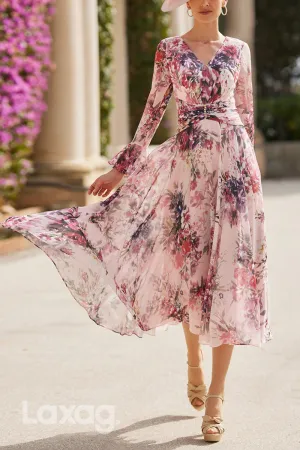 23004 - A-Line V-Neck Long Sleeves Printed Chiffon Mother of the Bride Dress
