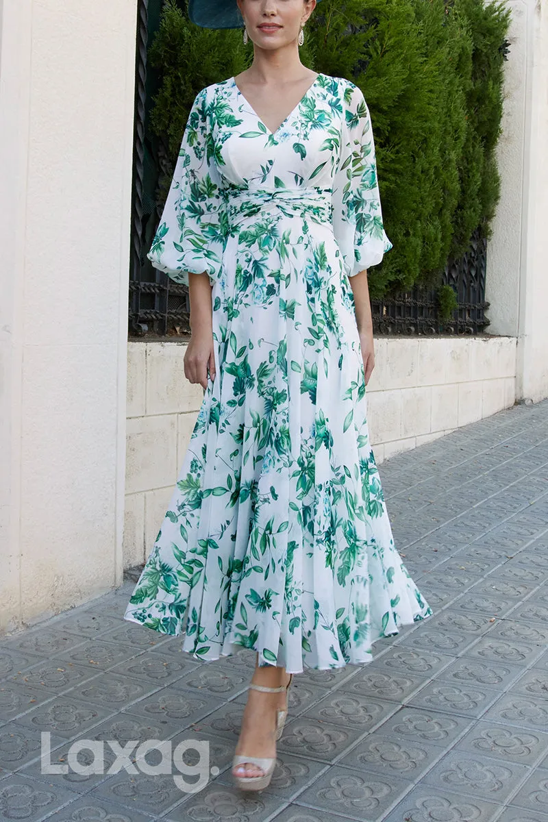 23006 - A-Line V-Neck Quarter Sleeves Printed Chiffon Mother of the Bride Dress