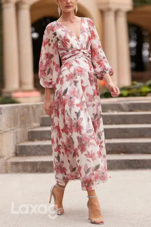 23006 - A-Line V-Neck Quarter Sleeves Printed Chiffon Mother of the Bride Dress