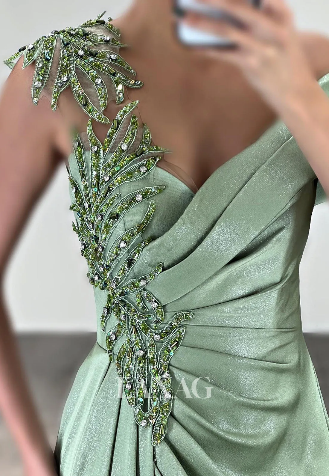 23164 - Off Shoulder Beaded Pleated Sleek Satin Party Prom Formal Evening Dress with Slit