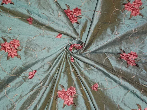 54&quot;WIDE SILK DUPIONI FABRIC IRIDESCENT DUSTY BLUE X MUSTARD WITH VELVET FLORAL EMBROIDERY