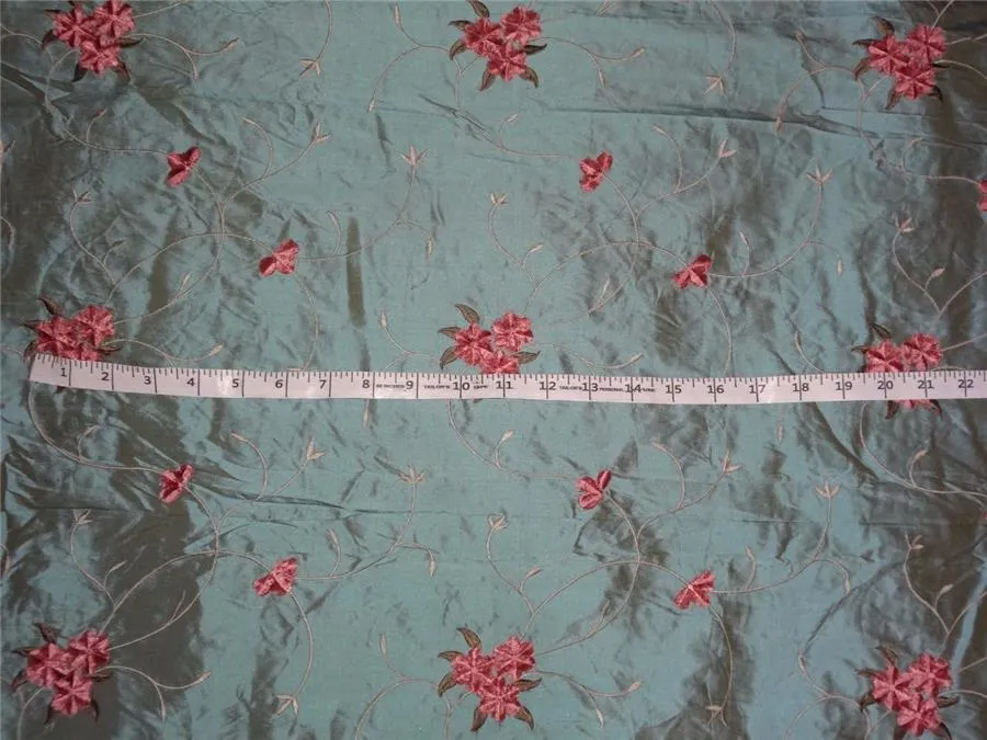 54&quot;WIDE SILK DUPIONI FABRIC IRIDESCENT DUSTY BLUE X MUSTARD WITH VELVET FLORAL EMBROIDERY