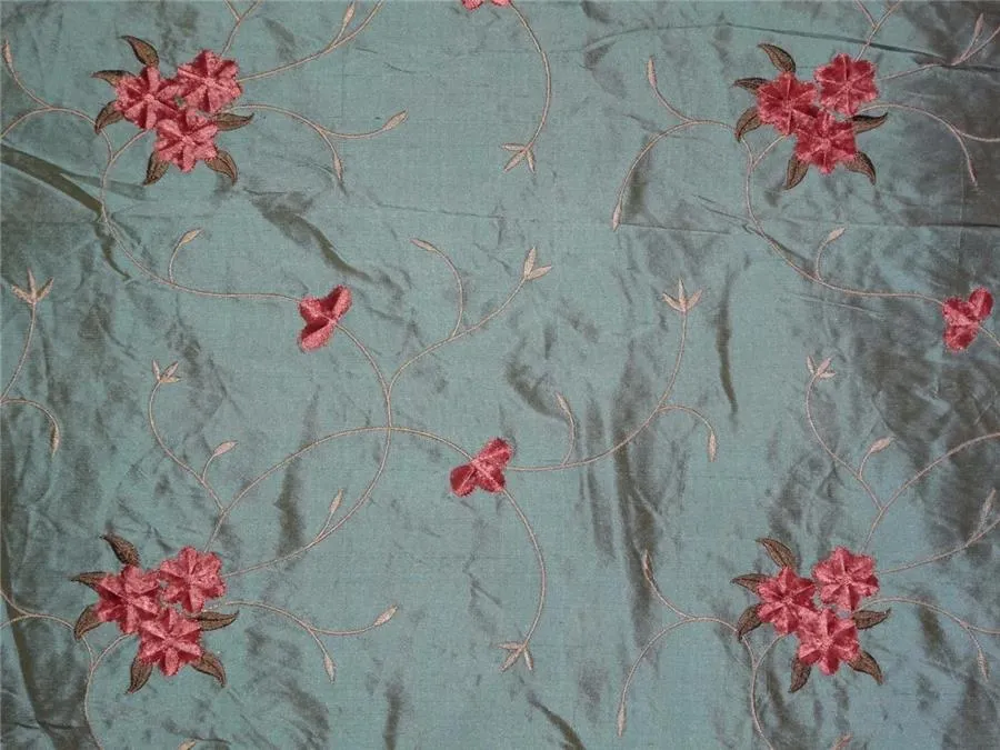 54&quot;WIDE SILK DUPIONI FABRIC IRIDESCENT DUSTY BLUE X MUSTARD WITH VELVET FLORAL EMBROIDERY