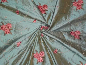54&quot;WIDE SILK DUPIONI FABRIC IRIDESCENT DUSTY BLUE X MUSTARD WITH VELVET FLORAL EMBROIDERY