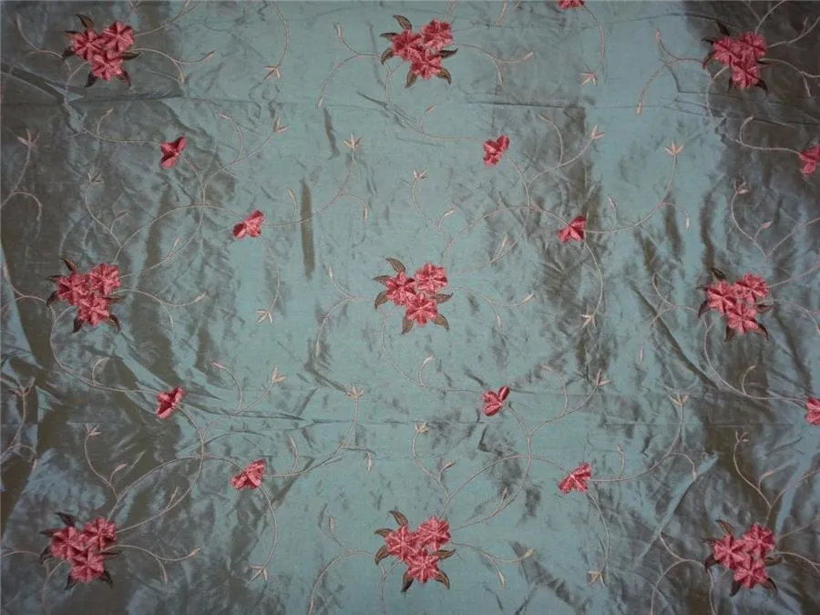 54&quot;WIDE SILK DUPIONI FABRIC IRIDESCENT DUSTY BLUE X MUSTARD WITH VELVET FLORAL EMBROIDERY