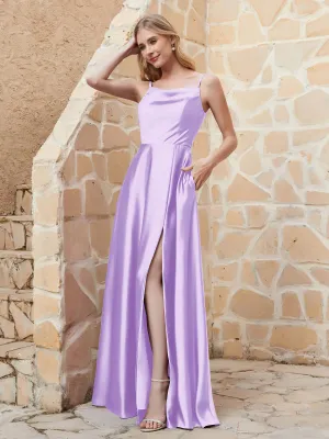 A-line Cowl Neck Satin Dress with Slit Lilac
