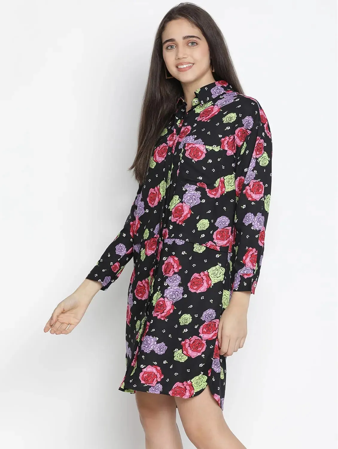 Abuzz Black Floral Print Button-Down Women Dress