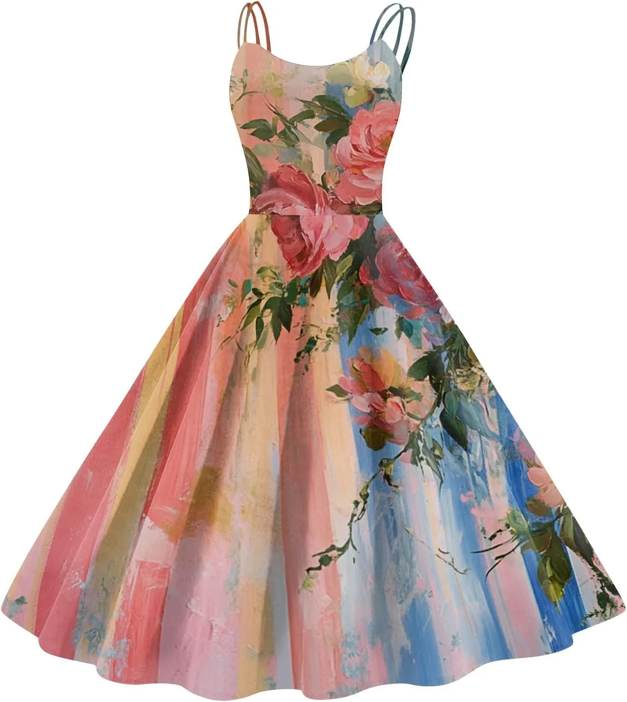 ADHOWBEW Beach Dresses for Women 2025 Sleeveless Sexy Round Neck Flowy Casual Tropical Print Plus Size Floral Dress
