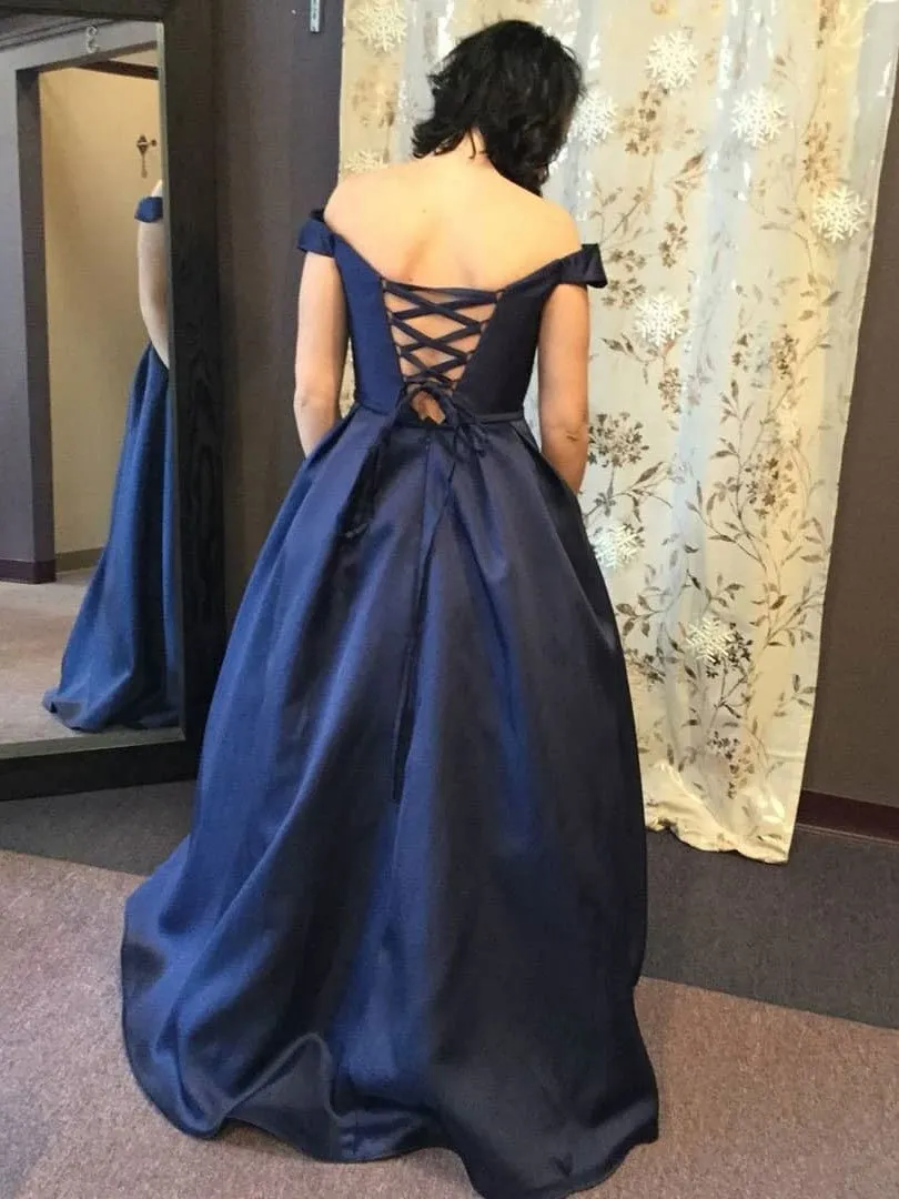 Alluring Satin Off-the-shoulder Neckline Sweep Train A-line Prom Dresses With Pleats PD014