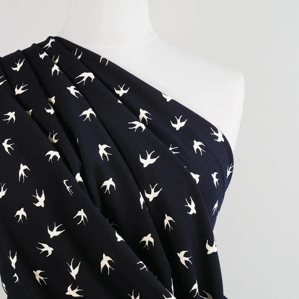 Alton - Navy Swallows Stretch Scuba Crepe Fabric