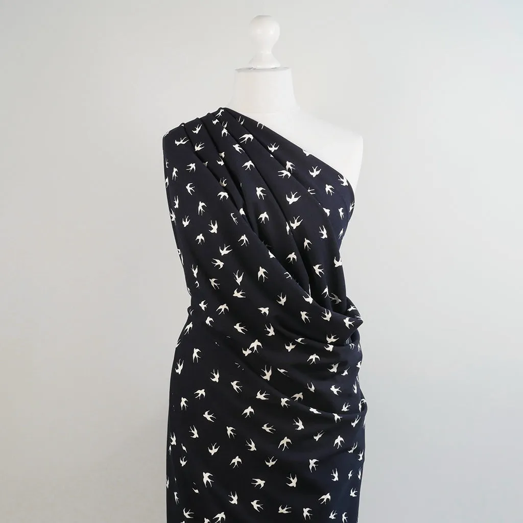 Alton - Navy Swallows Stretch Scuba Crepe Fabric