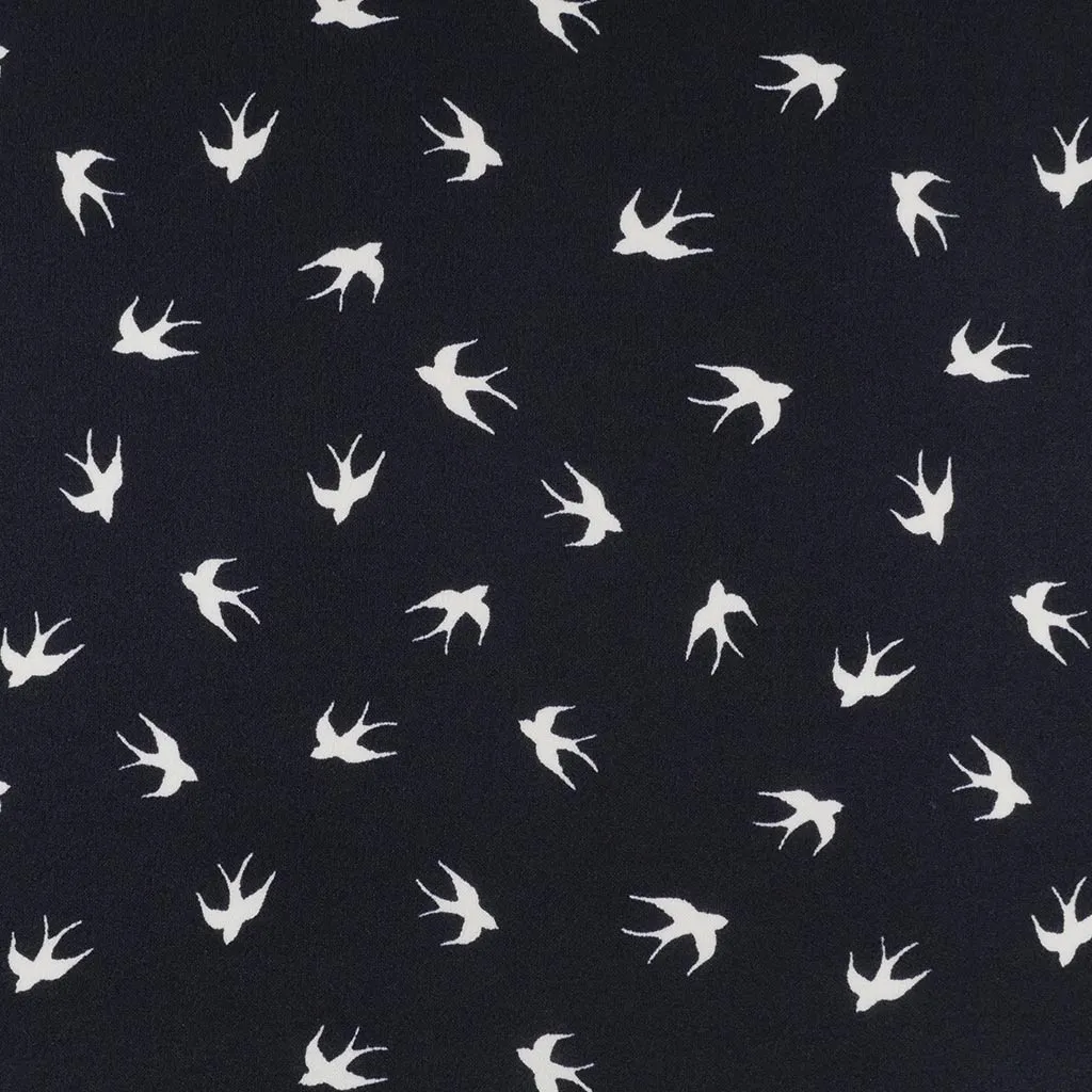 Alton - Navy Swallows Stretch Scuba Crepe Fabric