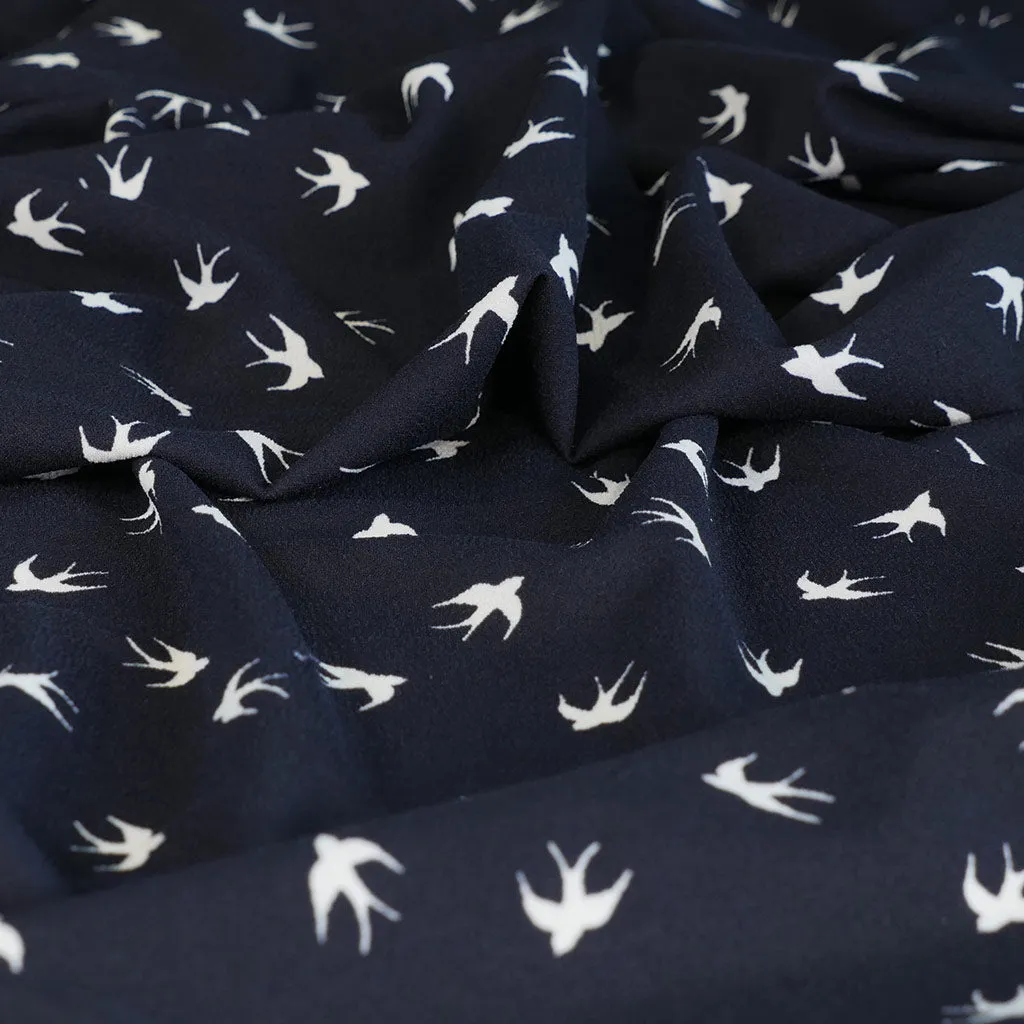 Alton - Navy Swallows Stretch Scuba Crepe Fabric