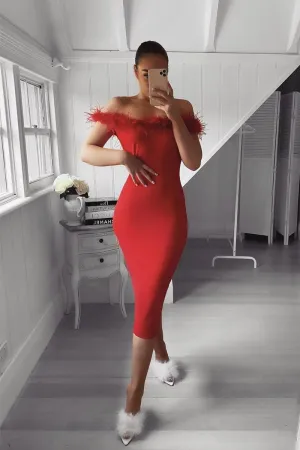 Analeigh - Red Off The Shoulder Feather Trim Bodycon Midi Dress