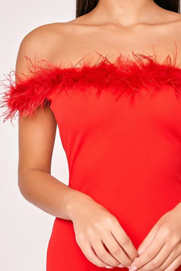 Analeigh - Red Off The Shoulder Feather Trim Bodycon Midi Dress