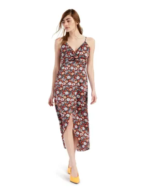 BAR III DRESSES Womens Twist Front Floral Spaghetti Strap Surplice Neckline Midi Party Faux Wrap Dress