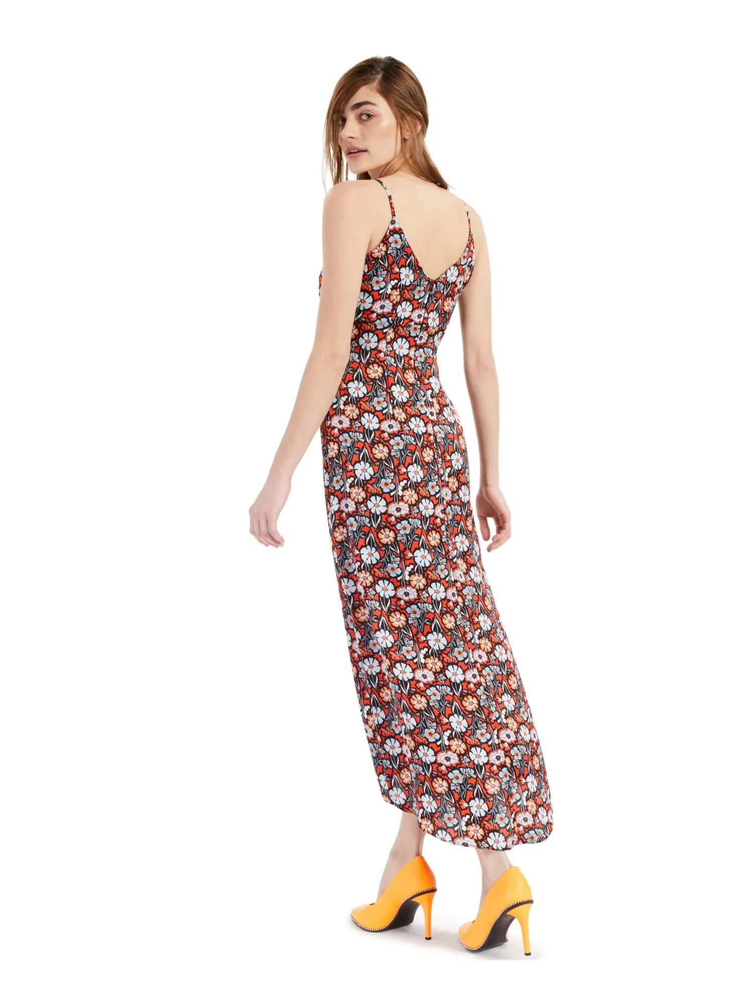 BAR III DRESSES Womens Twist Front Floral Spaghetti Strap Surplice Neckline Midi Party Faux Wrap Dress