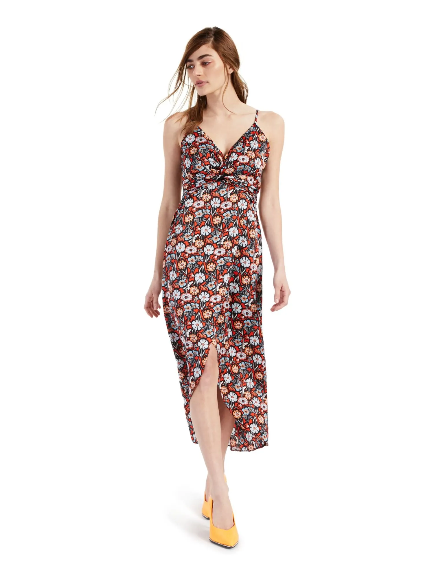 BAR III DRESSES Womens Twist Front Floral Spaghetti Strap Surplice Neckline Midi Party Faux Wrap Dress