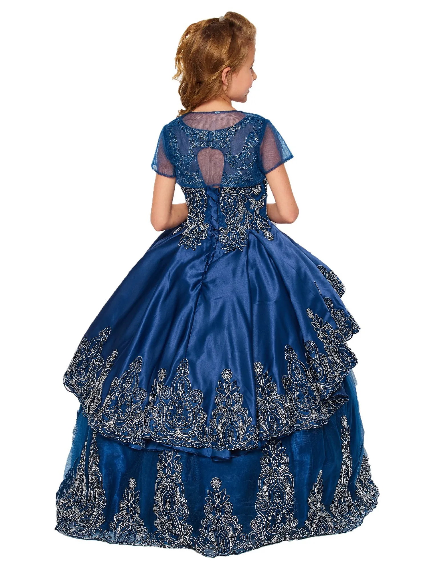 Big Girls Navy Metallic Coiled Embroidered Stone Junior Bridesmaid Dress 8-16