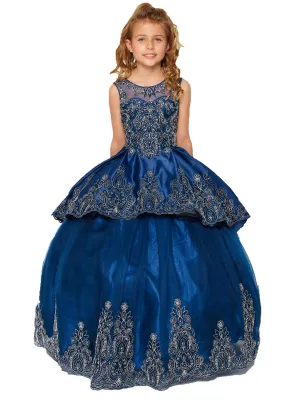 Big Girls Navy Metallic Coiled Embroidered Stone Junior Bridesmaid Dress 8-16