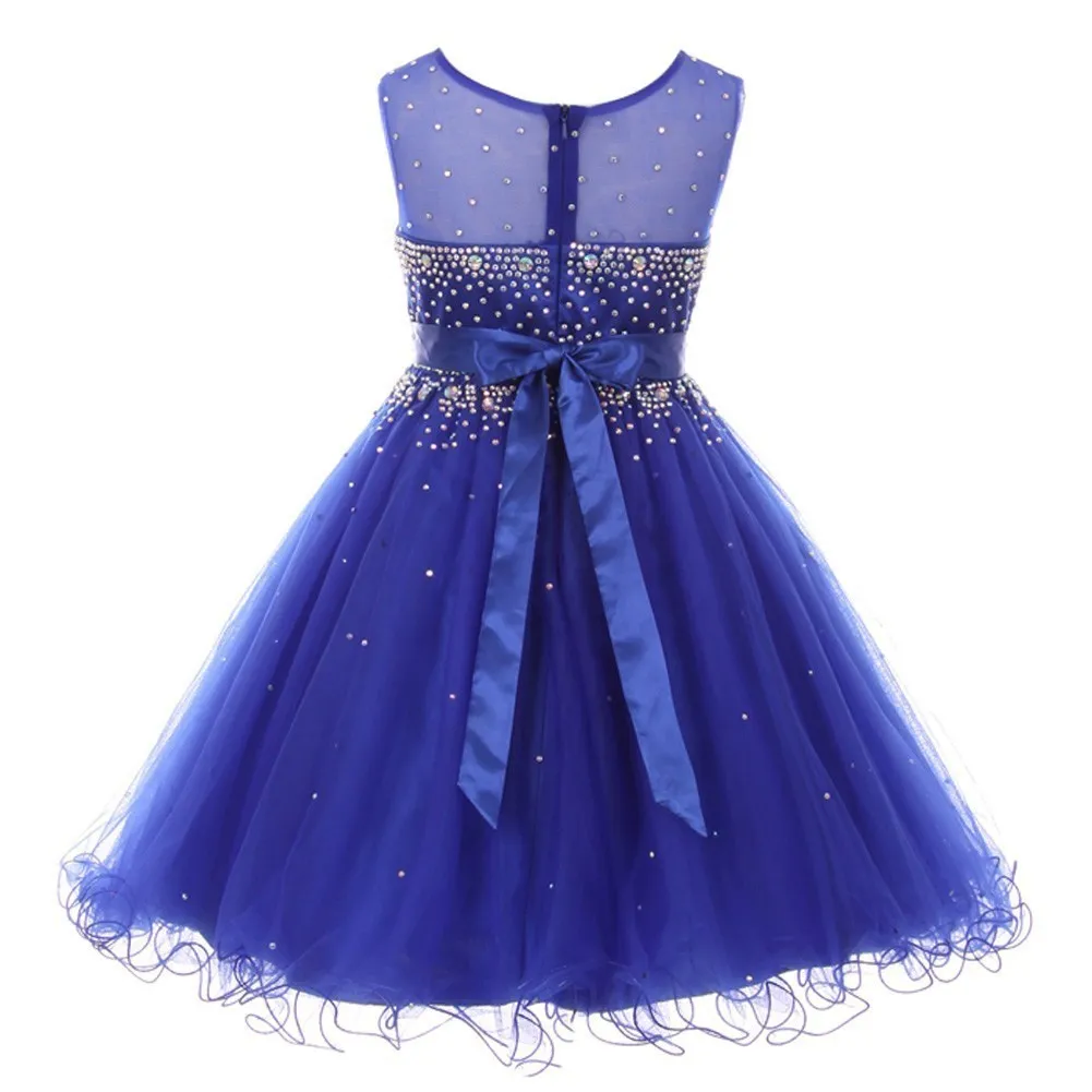 Big Girls Sparkling Rhinestone Illusion Tulle Party Formal Dress 12-14