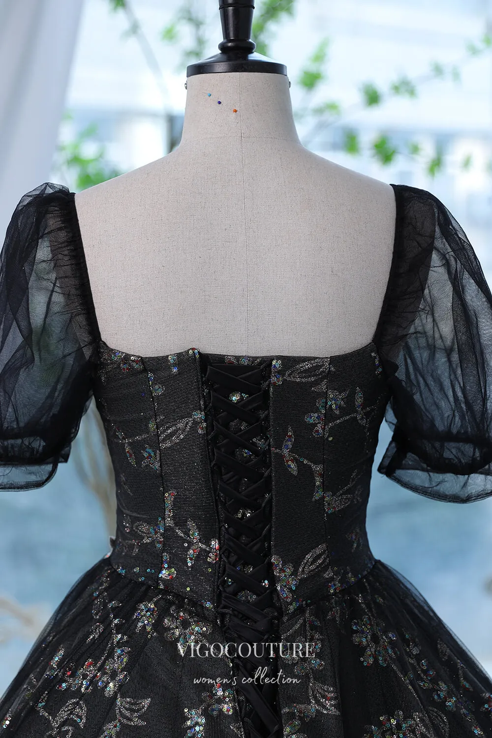 Black Sparkly Lace Applique Prom Dress with Puffed Sleeve 22292