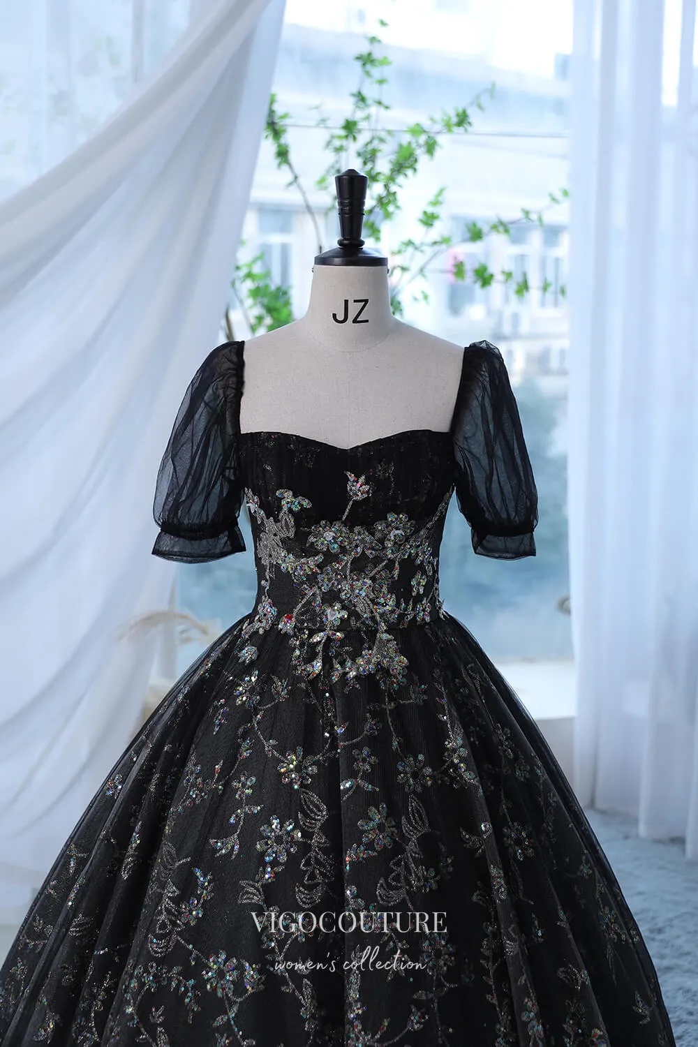 Black Sparkly Lace Applique Prom Dress with Puffed Sleeve 22292