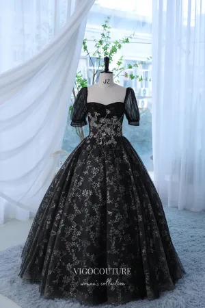 Black Sparkly Lace Applique Prom Dress with Puffed Sleeve 22292